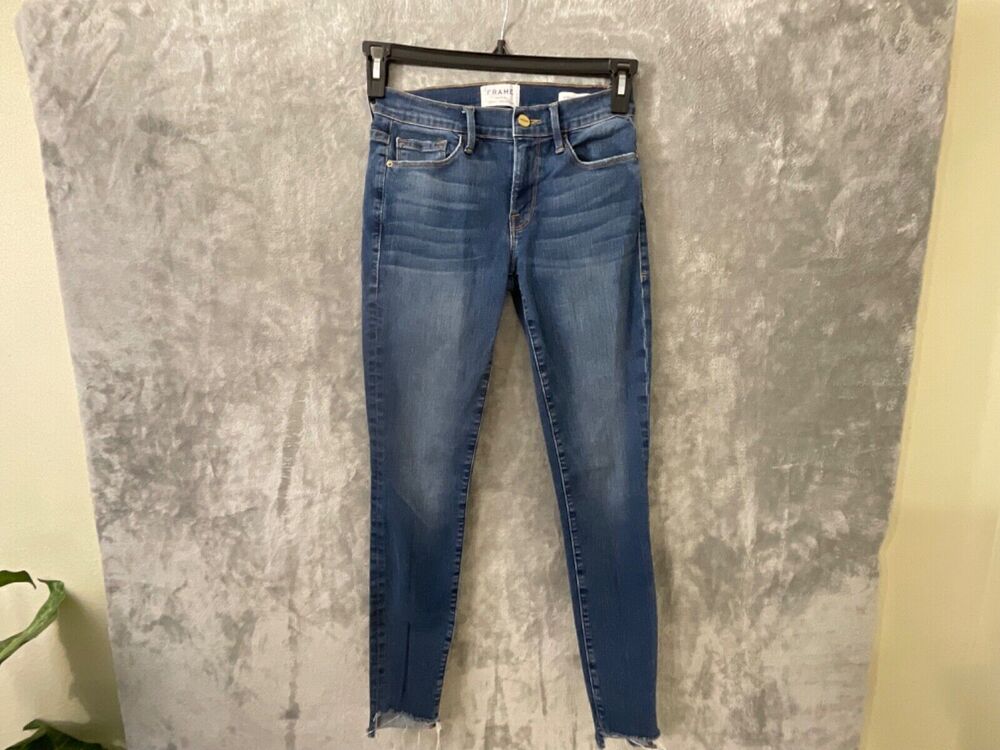 Frame Blue Dark Wash Le Skinny De Jeanne Mfg. Raw Hem Jeans, Size 25 USA